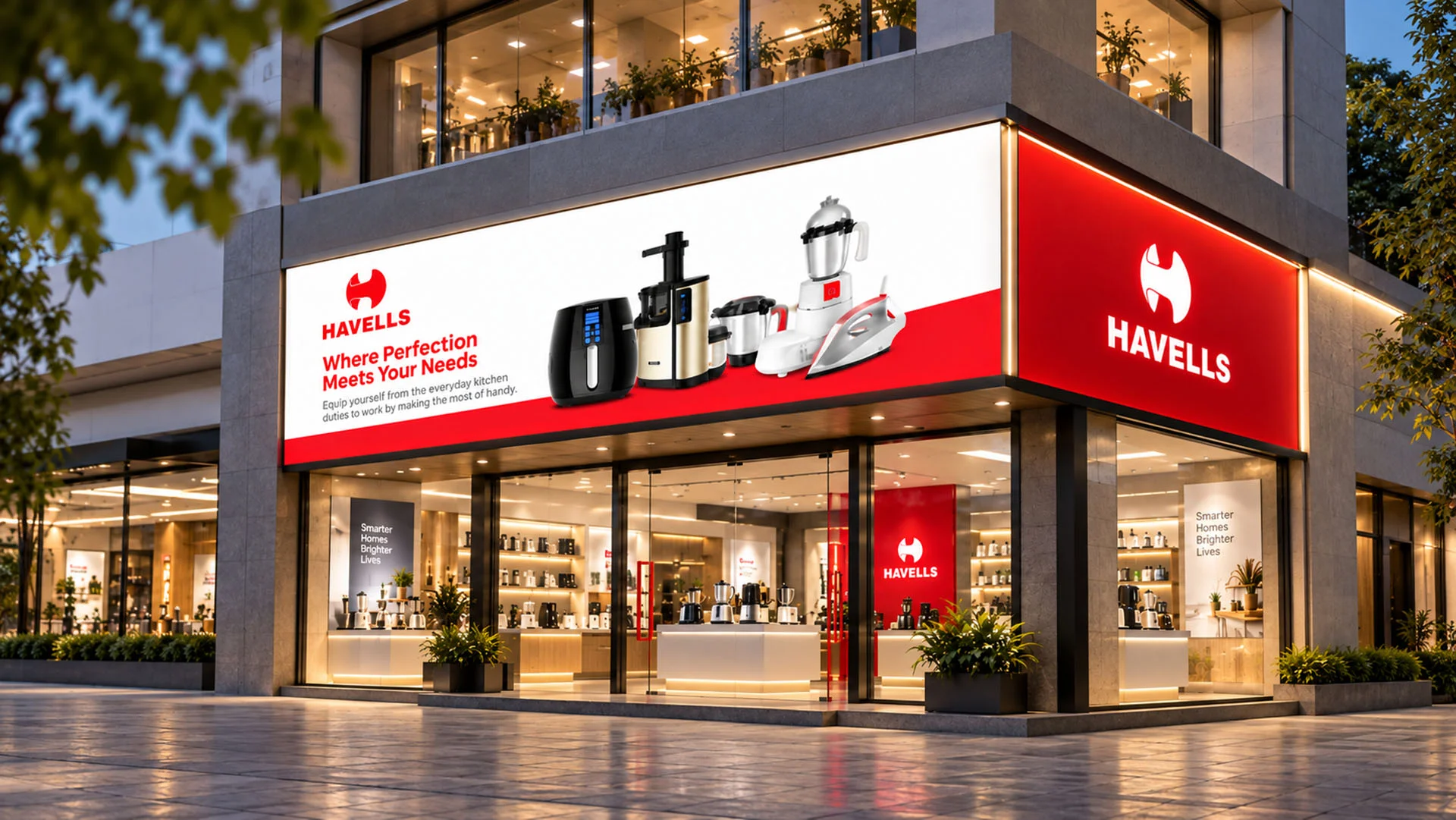 Havells storefront with the new red brand fascia and illuminated signage