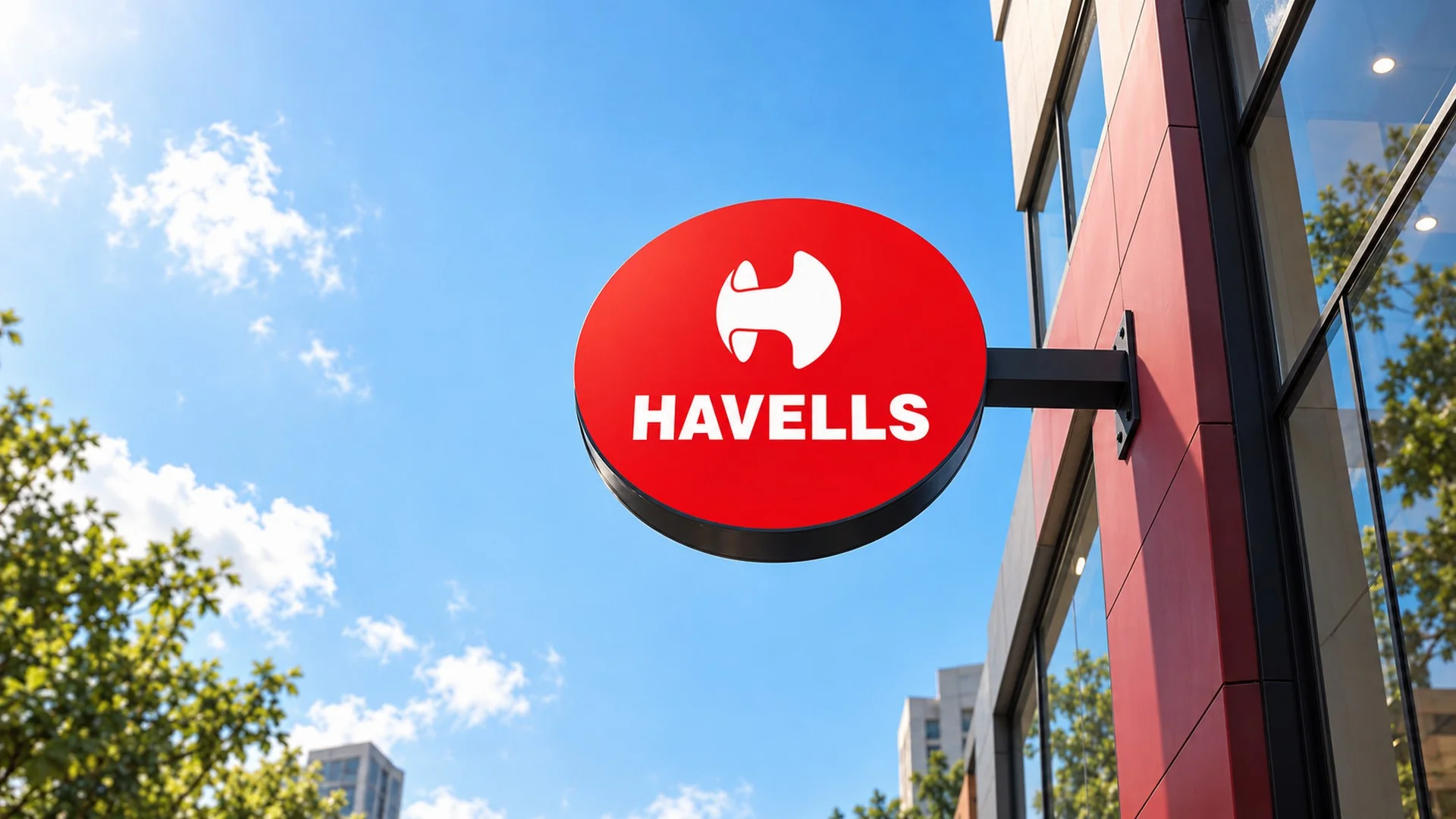 Round red Havells sign on a building facade