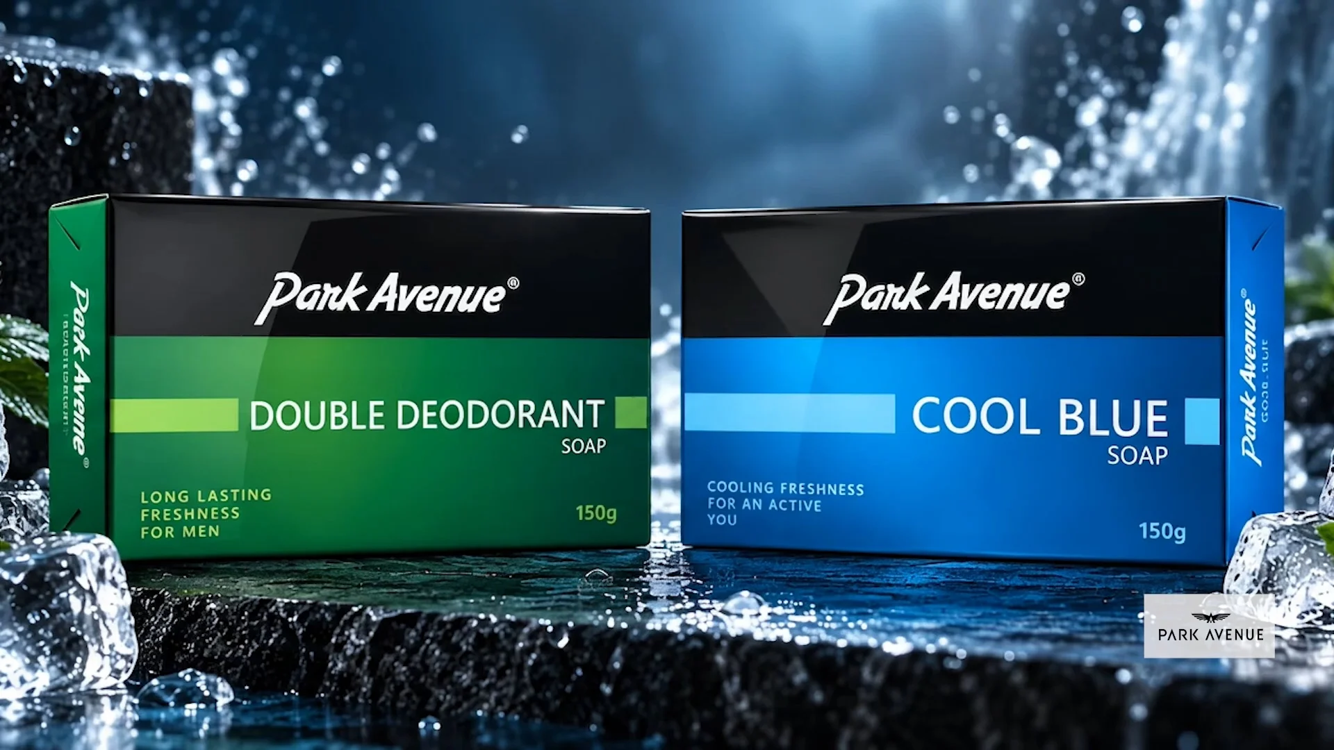 Park Avenue Double Deodorant and Cool Blue soap packs among ice and water