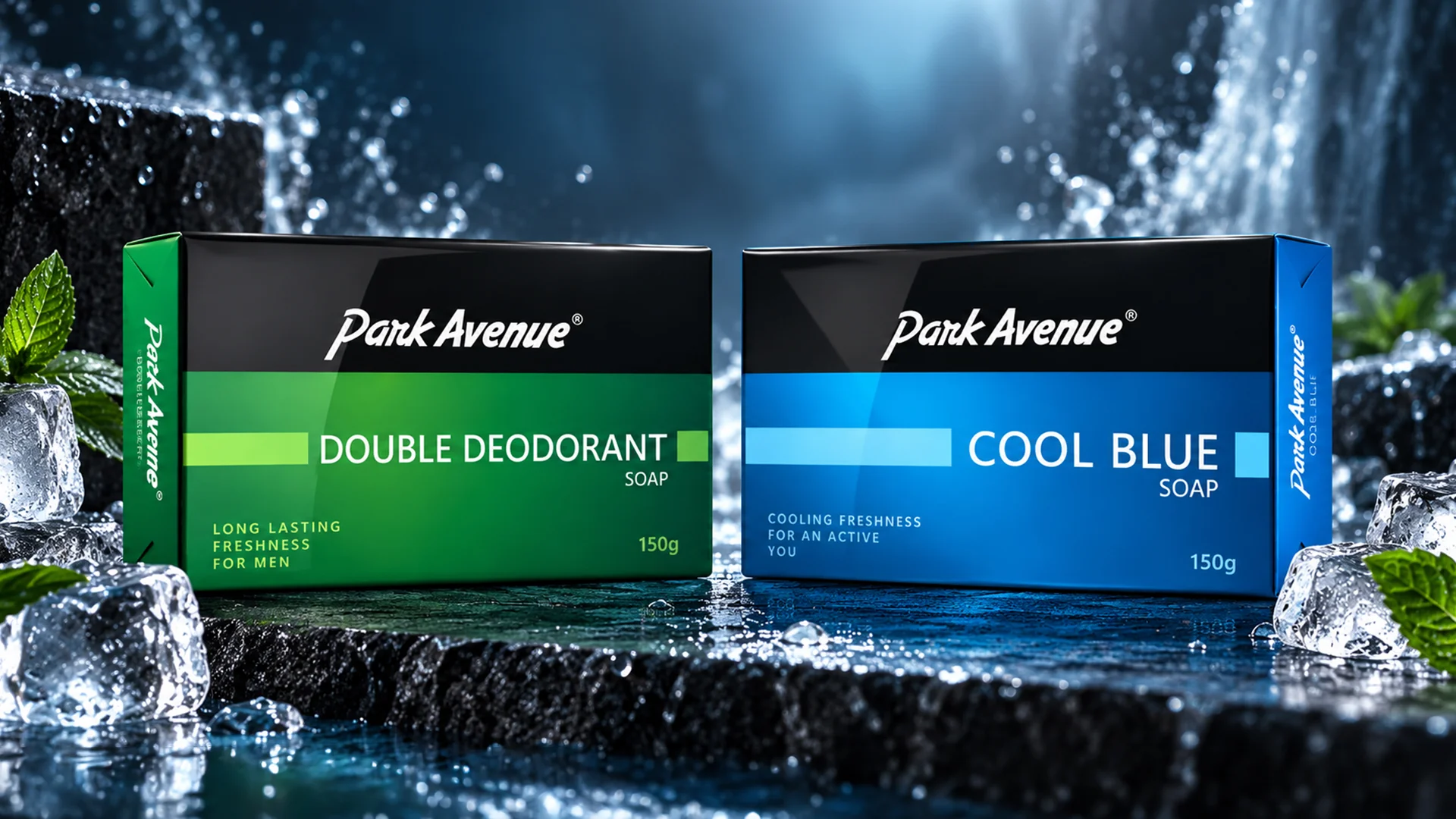 Park Avenue Double Deodorant and Cool Blue soap packs on wet rock